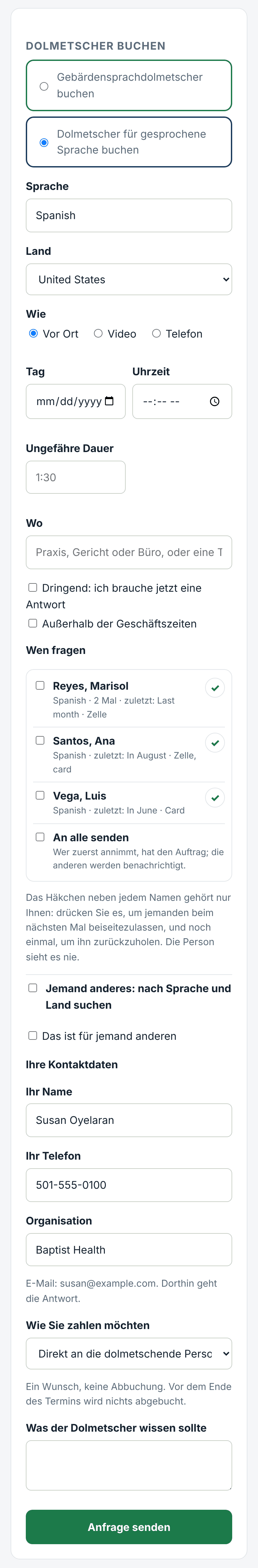 Anfragen: Sprache, Tag, wie und für wen