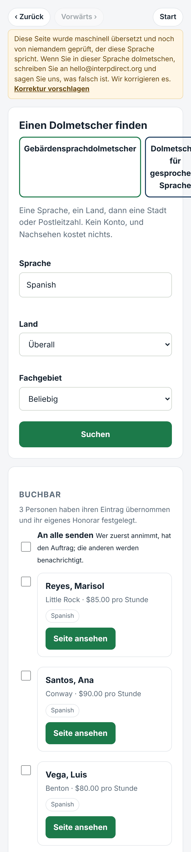 Finden: Sprache, Ort, Preis und Entfernung