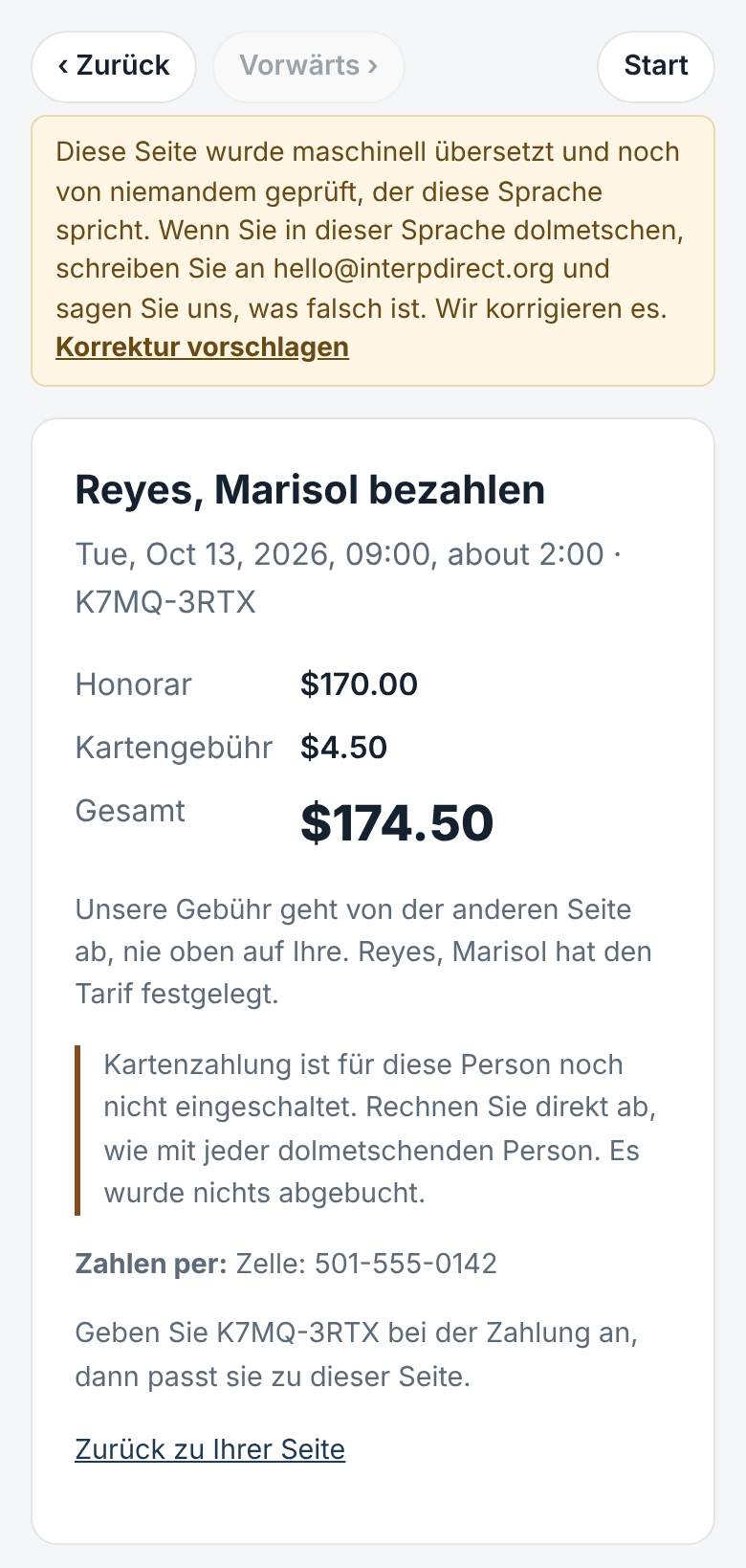 Angebot und Zahlung, der Preis gehört allein dem Dolmetscher