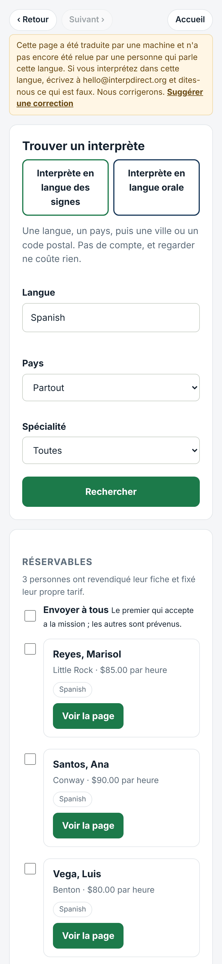Trouver : langue, lieu, tarif et distance