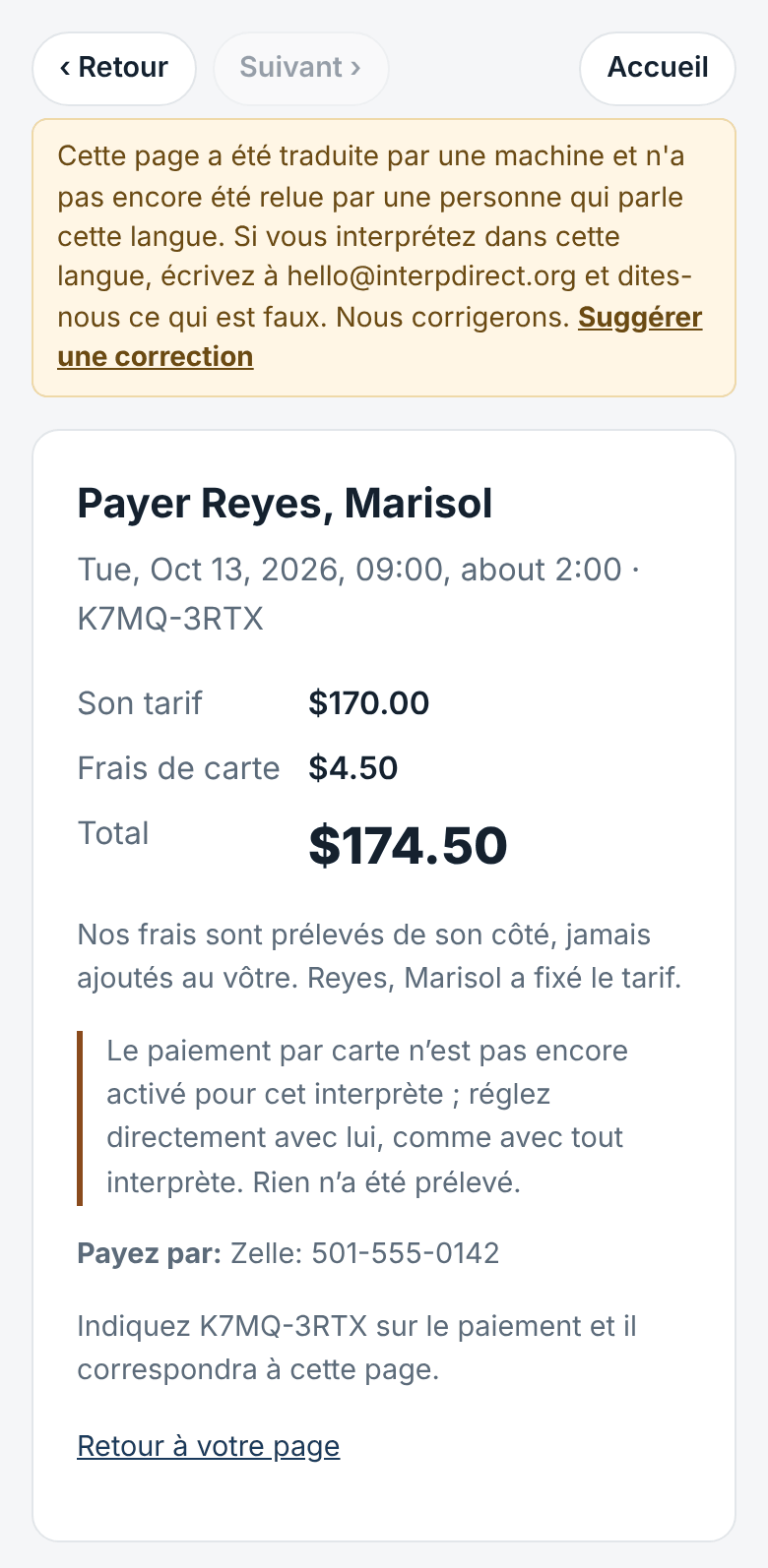 Devis et paiement, avec un tarif propre à l'interprète seul