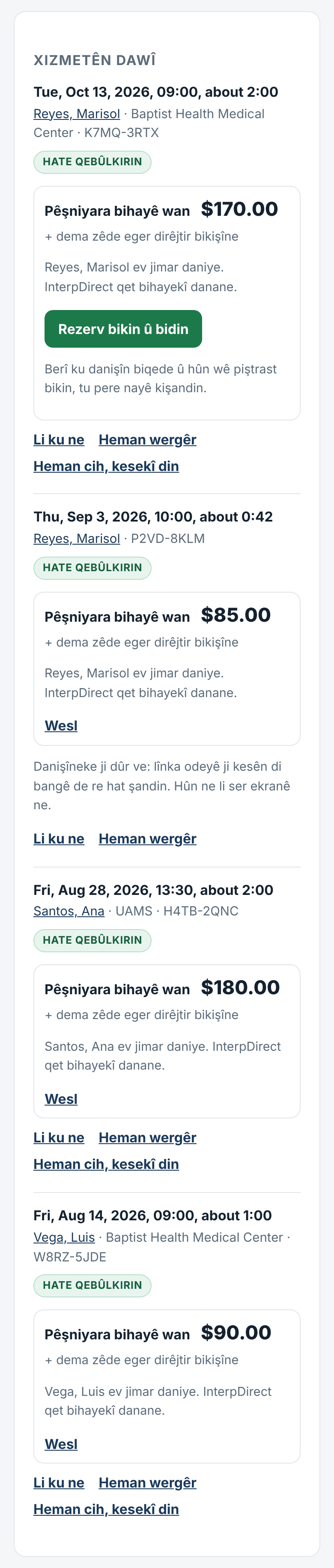 Rezervasyonên we, pêşniyara bihayê, û dayîn