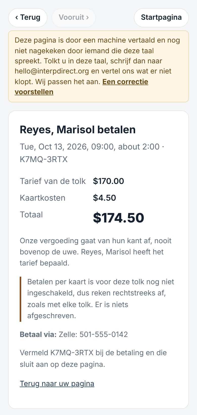 Offerte en betaling, met een tarief dat alleen van de tolk is