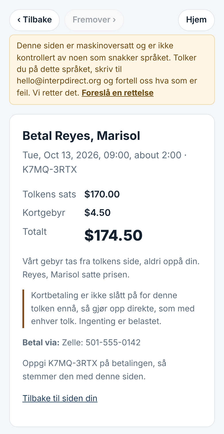 Tilbud og betaling, med prisen kun tolkens egen