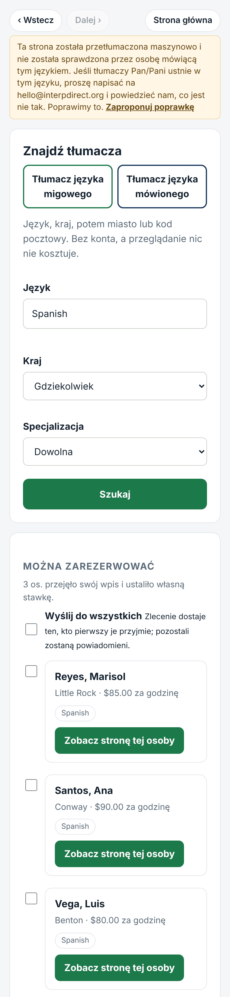 Szukaj: język, miejsce, stawka i odległość