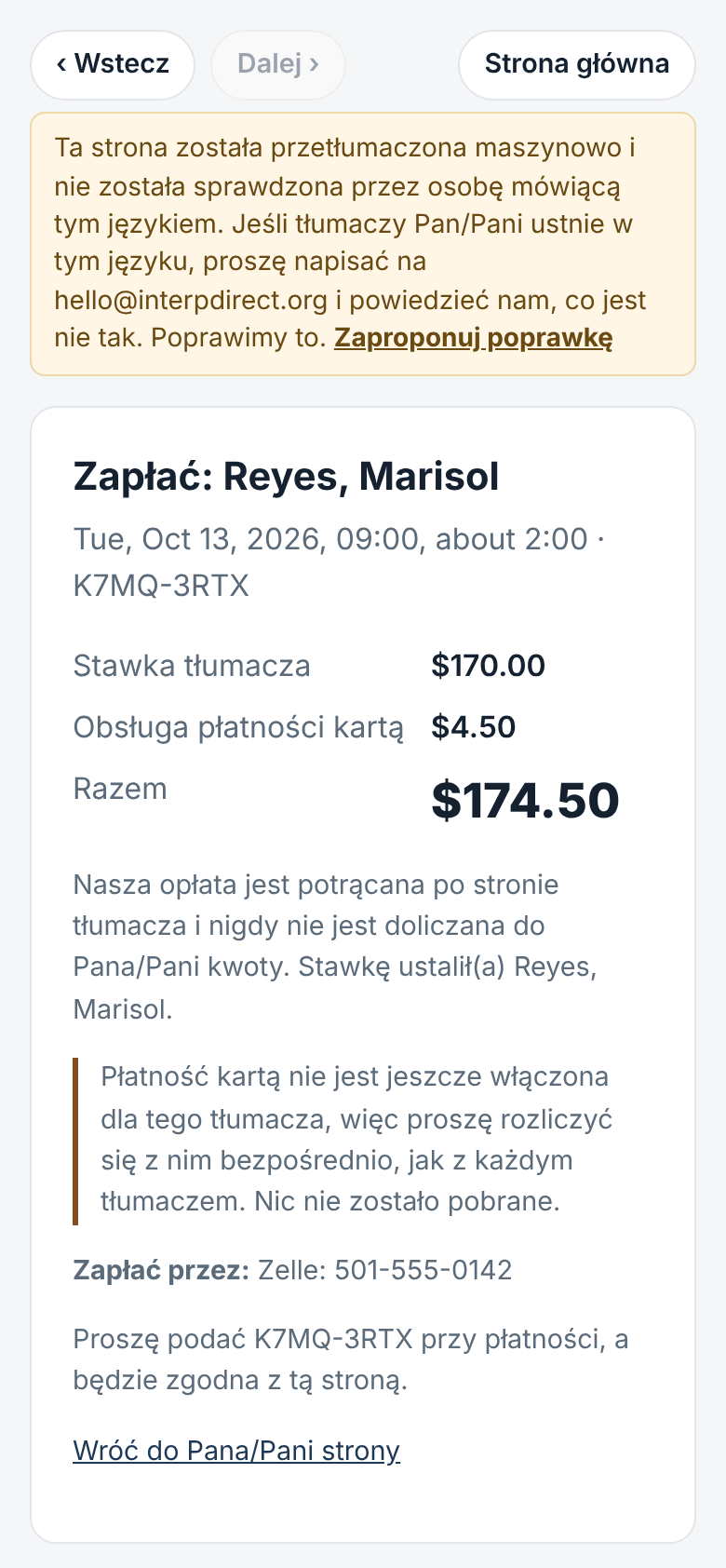 Wycena i płatność, stawka tylko tłumacza