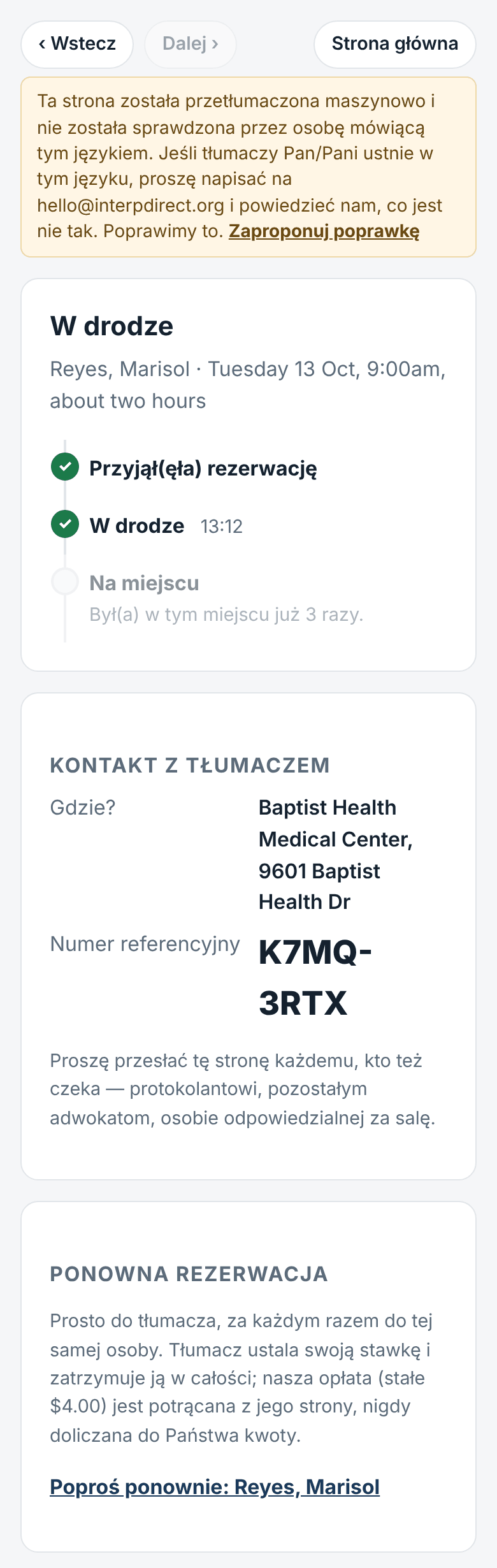 Dzień zlecenia: w drodze, na miejscu, adres