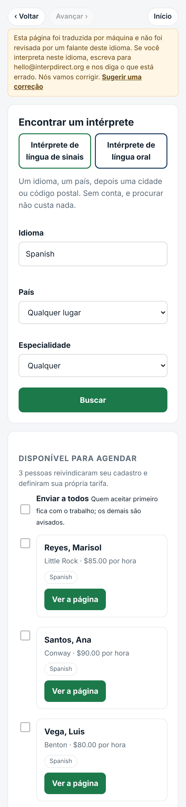 Buscar: idioma, local, tarifa e distância