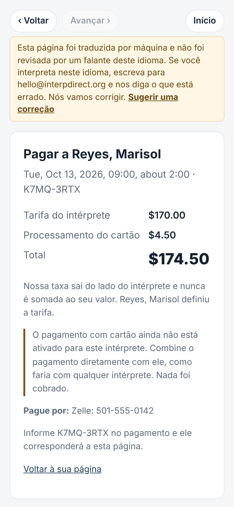 Orçamento e pagamento, com a tarifa só do intérprete