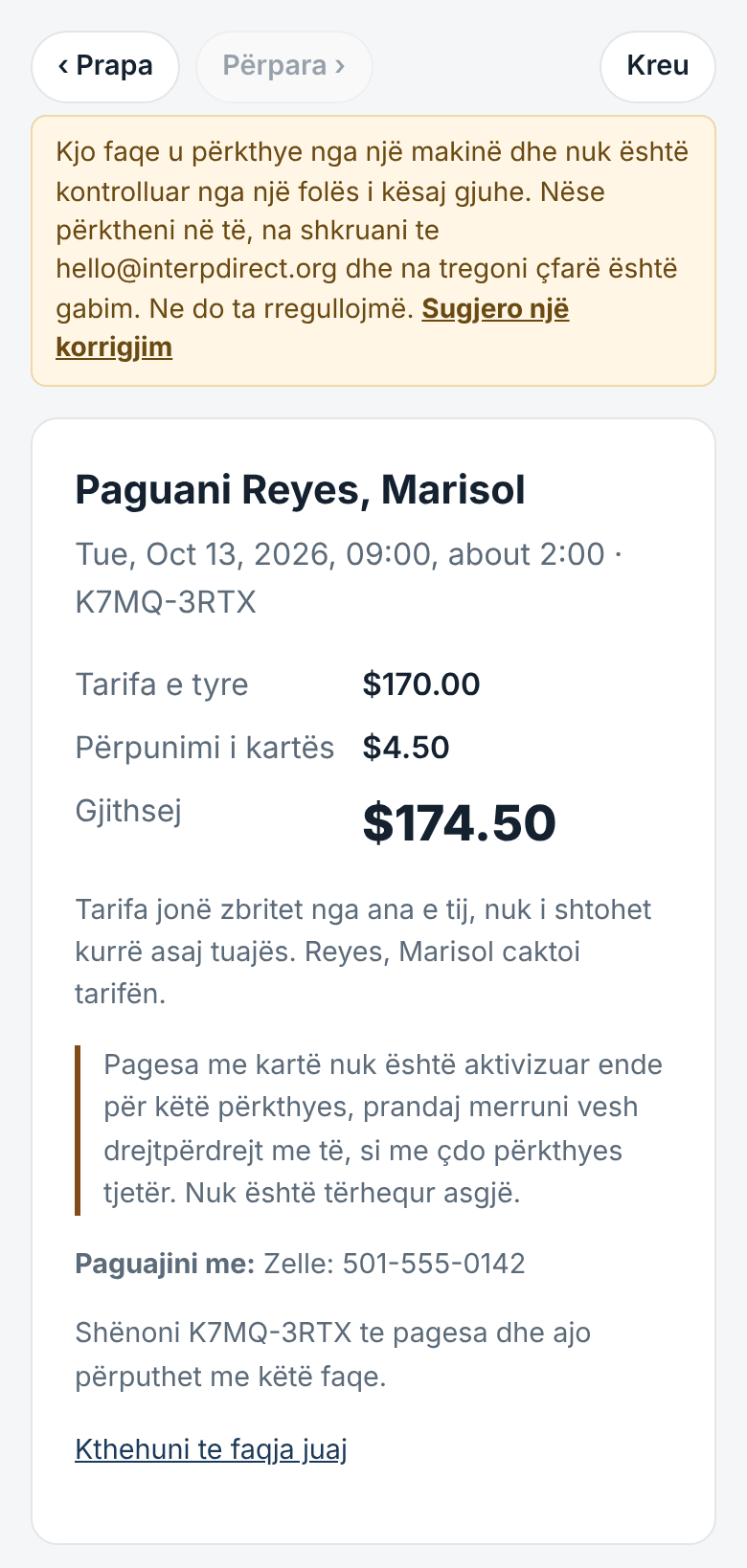 Oferta dhe pagesa, me tarifën vetëm të përkthyesit