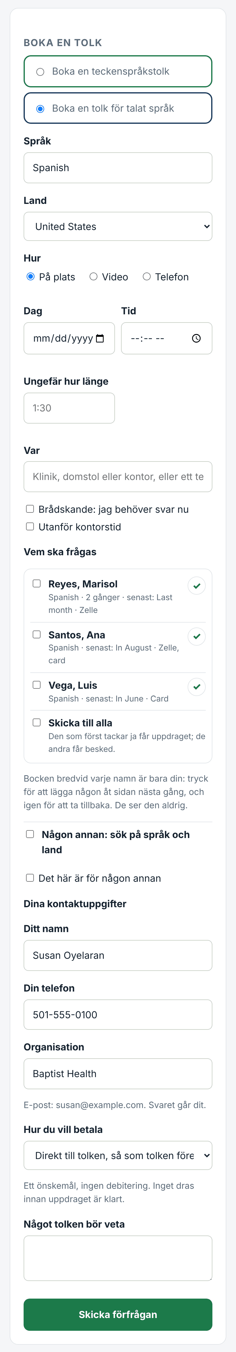 Beställ: språk, dag, hur och vem