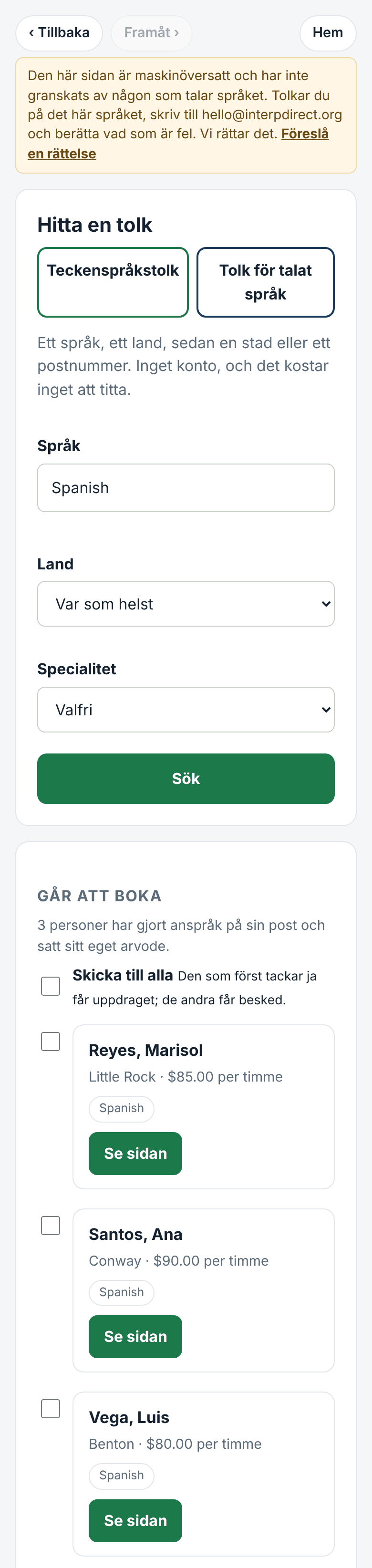 Hitta: språk, plats, arvode och avstånd
