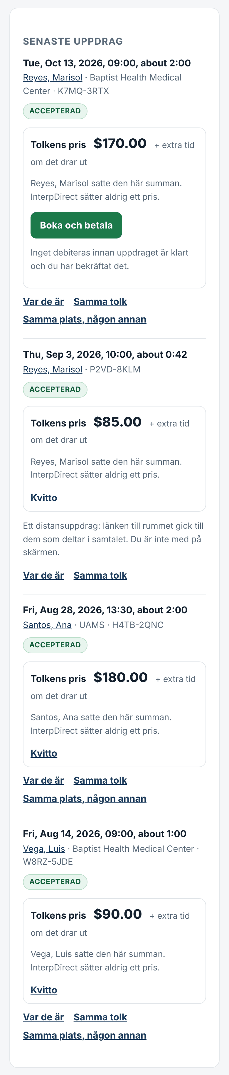 Dina bokningar, offerten och betalning
